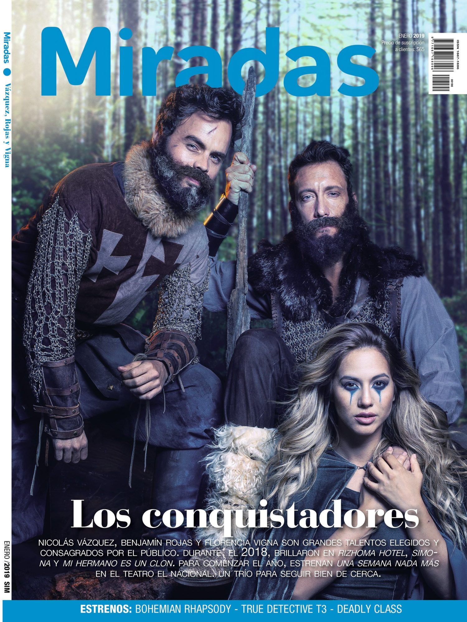 Tapa de la Revista Miradas - Enero 2019 Nico Vázquez, Flor Vigna, Benjamín Rojas.